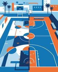 Basketball Illustration, Dynamic Sports Artwork, Court Action Scene with Dramatic Lighting © wadih