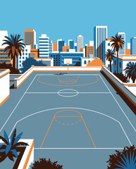 Basketball Illustration, Dynamic Sports Artwork, Court Action Scene with Dramatic Lighting © wadih