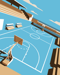 Basketball Illustration, Dynamic Sports Artwork, Court Action Scene with Dramatic Lighting © wadih