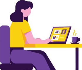Fototapeta premium Remote worker at desk with laptop and coffee, woman working from home, flat design vector illustration.