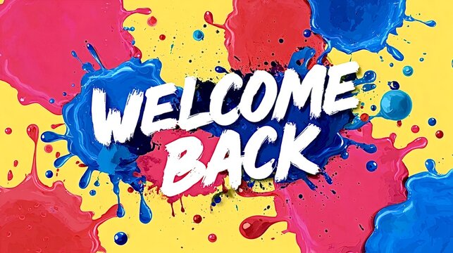 Welcome back message with colorful paint splatters background