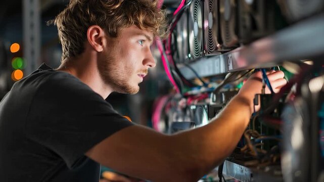 Young computer engineer focused on laptop while managing Ethereum mining equipment in a tech environment