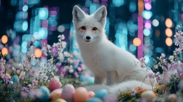 Festive easter fox and egg delightful greeting art. Neon displays. Cute fox with easter egg on minimalist background, spreading happiness. Tech visualization. Digital analytics.