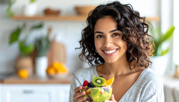 Smiling Young Woman Enjoying Fresh Fruit Salad in Bright Modern Kitchen Healthy Eating and Wellness Concept.