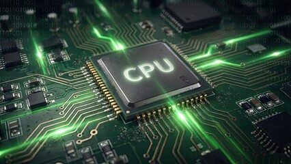 Fototapeta premium CPU's Technological Essence: A close-up view of a central processing unit (CPU) sits at the heart of the motherboard, its intricate design, and dynamic light patterns.