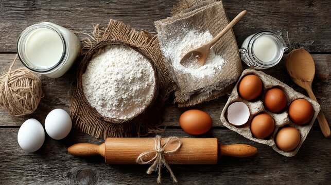 A rustic wooden table with baking ingredients and tools for making a delicious homemade cake
