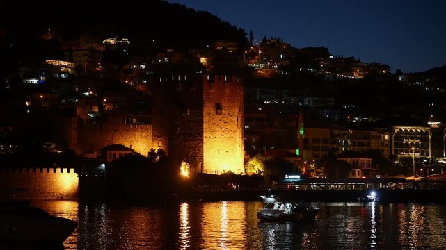 Alanya, Red Tower, Turkey, night, harbor, Kizil Kule, castle, fortress, historical, landmark, Mediterranean, Antalya, Turkish, coast, sea, city, lights, illumination, travel, tourism, architecture, an