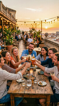 Fotograf&iacute;a hiperrealista de grupo de amigos brindando con bebidas fr&iacute;as en una terraza al atardecer, luces c&aacute;lidas, ambiente festivo, expresi&oacute;n alegre, enfoque natural, estilo documental