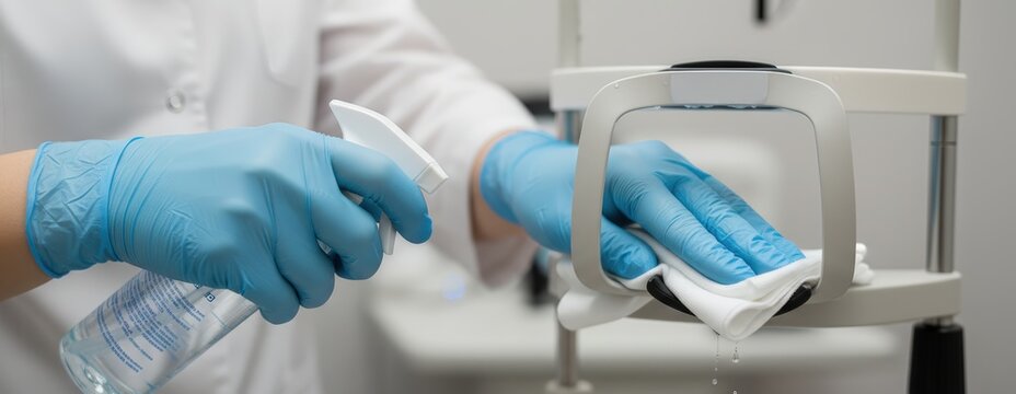 Close-up of gloved hands sanitizing medical equipment in a clinical setting