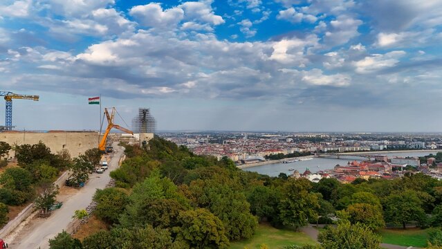 Budapest Citadella Gellert Hill Renovation Drone View with Hungarian Flag