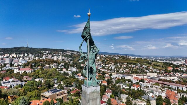Slavin War Memorial Statue Aerial View over Bratislava City Landscape Slovakia