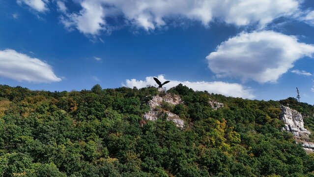 Drone View of Giant Turul Statue on Stone Hill Cliff in Tatab&aacute;nya Hungary