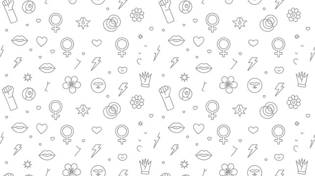 Black and white pattern featuring feminist symbols flowers and abstract shapes