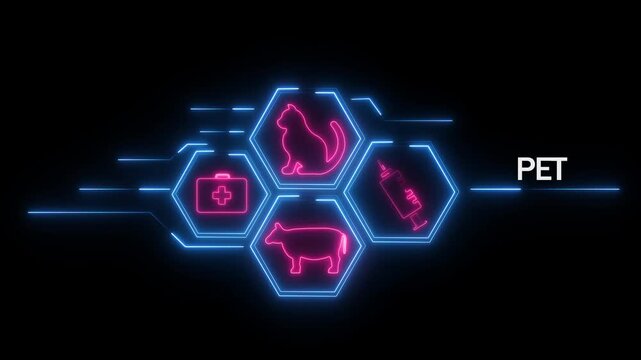 Neon pink and blue hexagonal interface illustrating pet care concept with for cat medical kit syringe and cow on a black background