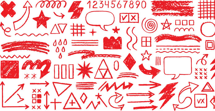 Red scribble collection diverse hand drawn shapes and lines on white background