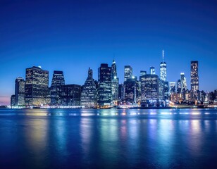 Fototapeta premium Nighttime skyline view of a bustling city with reflective waters