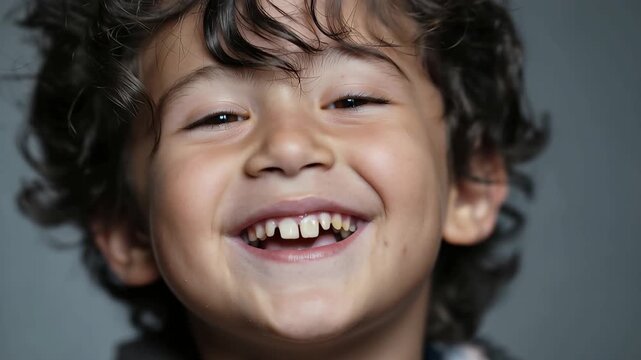 Smiling dark-haired boy with curly hair displays joy and warmth in closeup portrait taken indoors during daylight hours