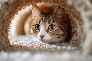 Naklejka premium Feline tunnel toy on domestic room rug