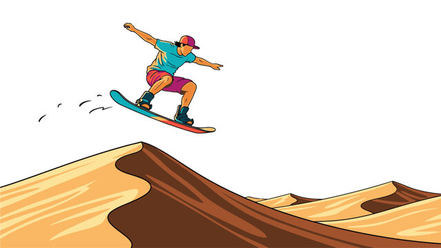 A cartoon man wearing a blue shirt and pink shorts snowboarding down a brown and beige hill against a white background with a dynamic motion effect.