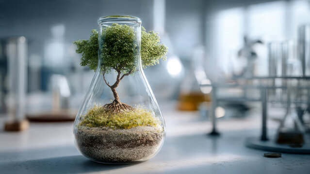 Small green tree in a glass chemical labu on a laboratory table with blue liquid and a white lamp for a science test
