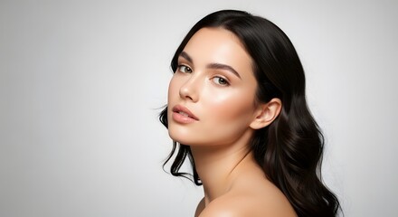 Fototapeta premium Stunning portrait of a young woman with dark hair and captivating eyes exhibiting natural beauty and grace