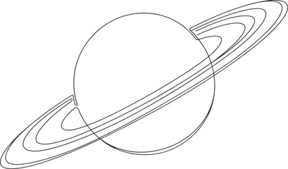 Single continuous line of the planet saturn with its prominent rings orbiting around the sphere isolated on a white background in a minimalist black and white style © KDP Coloring Pages