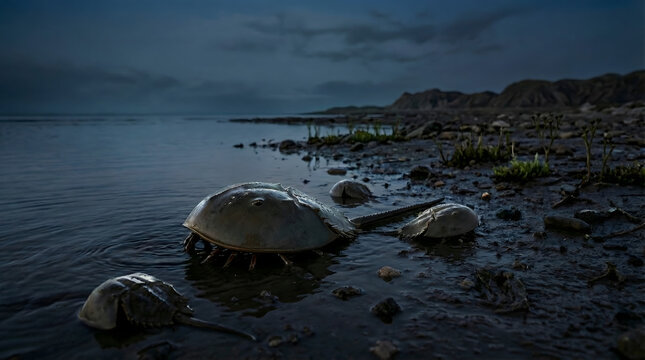 Ancient horseshoe crabs crawling on a muddy shoreline during a moonlit night, featuring a large full moon reflecting in the calm ocean water.