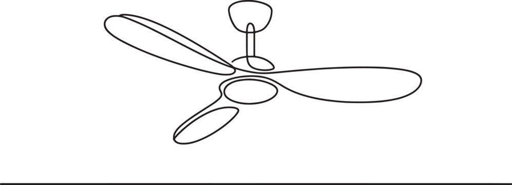 Minimalist continuous line of a three blade ceiling fan isolated on a white background showing a simple artistic representation of a household cooling appliance for interior decor concepts