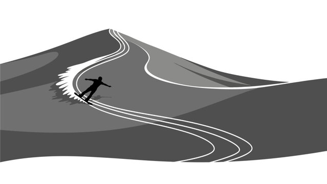 A black silhouette of a person snowboarding down a winding road on a grayscale hill with white tracks, against a white background.