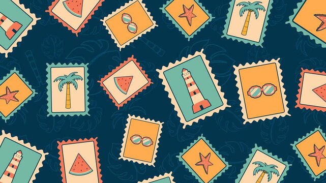 Summer Stamps. A playful 4K loop animation of retro postage stamps featuring tropical icons like lighthouses and palm trees. The stamps drift over a dark blue background with subtle leaf outlines.