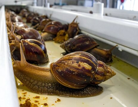 Snail farm - A close-up of snails in a controlled environment.