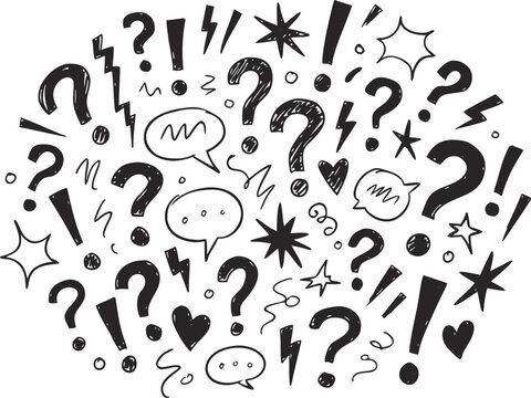 A chaotic collection of hand drawn question marks exclamation points and stars