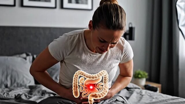 woman groaning in pain due to gerd, woman with hologram of human digestion