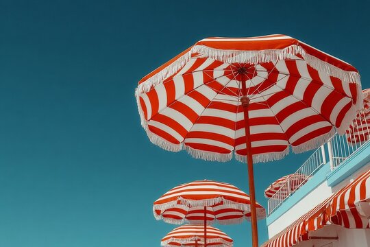 vintage inspired beach umbrellas under clear sunny sky. Generative AI