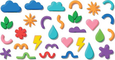 Obraz premium Vector Illustration of Colorful Weather and Nature Icons Including Clouds, Raindrops, Lightning, Flowers, and More