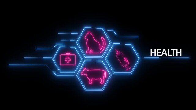 Neon veterinary for animal health including cat cow medical kit and syringe connected by blue glowing lines on a black background with the word HEALTH