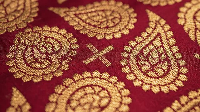 Intricate paisley pattern on deep red fabric with shimmering gold thread, traditional textile design, rich ornamental texture