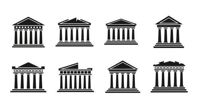 Collection of Greek Temple Icons, Ancient Architecture Symbols, Vector Illustration