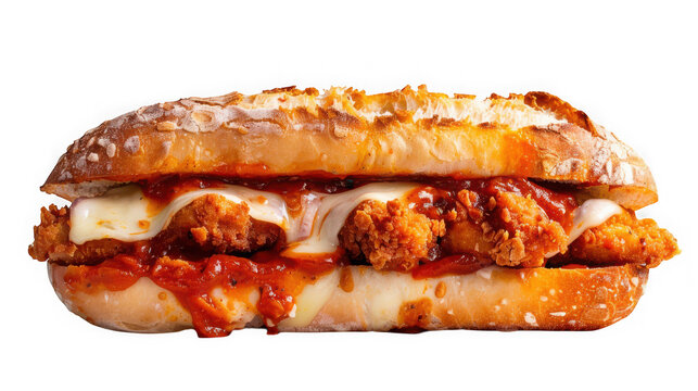 Delicious hot chicken parmesan sub sandwich isolated on transparent background
