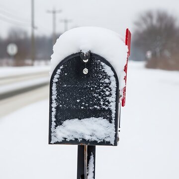 A black mailbox covered in snow with a red flag raised on a winter day