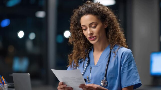 Female healthcare worker reviewing medical records at a modern facility during evening hours, focused on providing patient care and enhancing medical documentation practices
