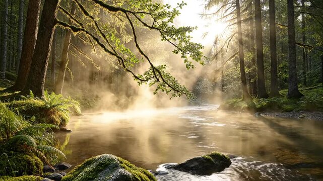 Serene forest river flows gently through lush green woodland bathed in ethereal morning sunlight, mist rising from the water creating a magical, tranquil, and peaceful atmosphere.