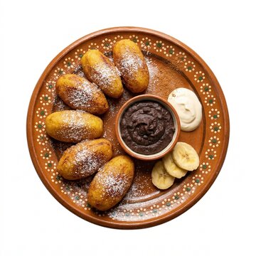 Rellenitos de platano with black beans and cream on a traditional clay plate