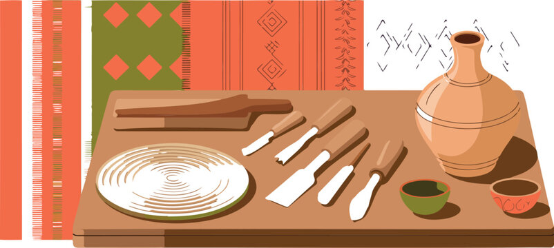 Pottery making tools and ceramic art supplies on table with patterned textile background.