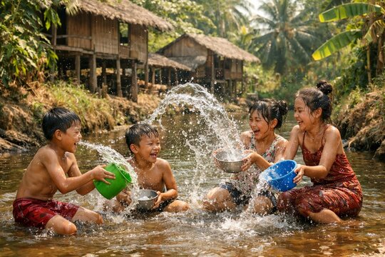 Thai children playing water in canal during Songkran festival in rural village