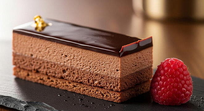 Decadent layered chocolate dessert topped with gold leaf, garnished with a raspberry