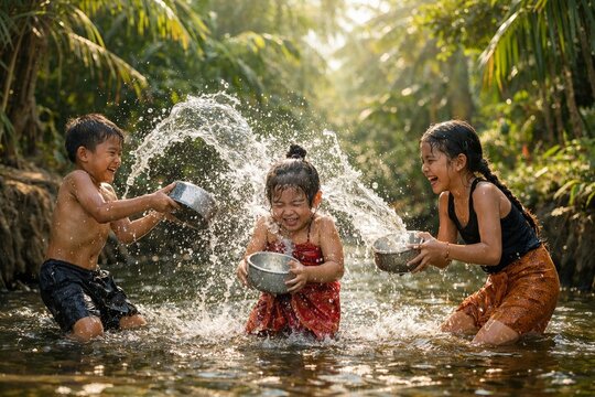Children splashing water in canal during Songkran festival in rural Thailand
