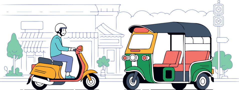 Asian cityscape illustration with scooter and tuk tuk, urban street scene, editable vector background.