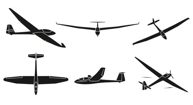 Glider Aircraft Silhouettes: Multiple Views of Sailplane Aviation