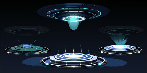 Futuristic ufos hover over a dark reflective surface with glowing energy beams © Sanjay